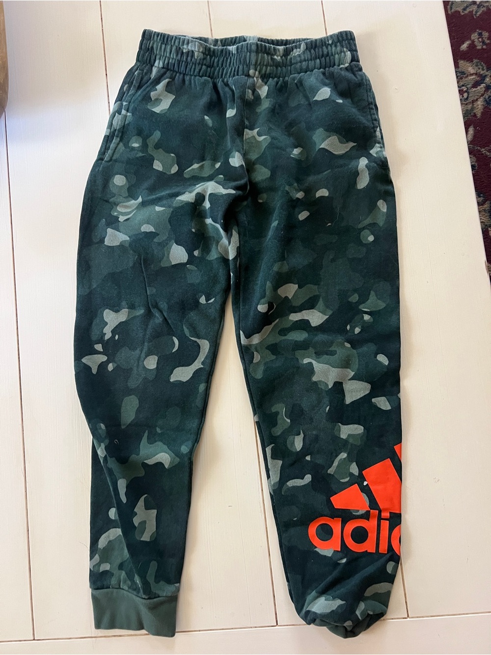 adidas Boys' Dark Green Camo Joggers with Bright Orange Logo